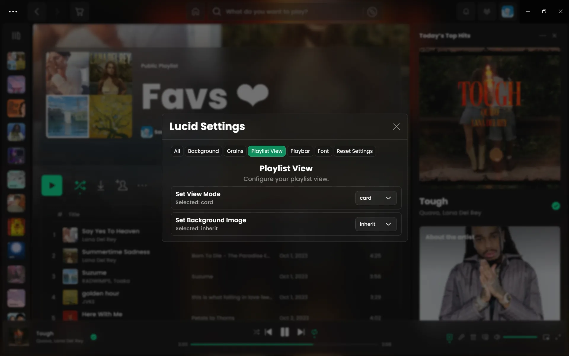 Settings for playlist view customization